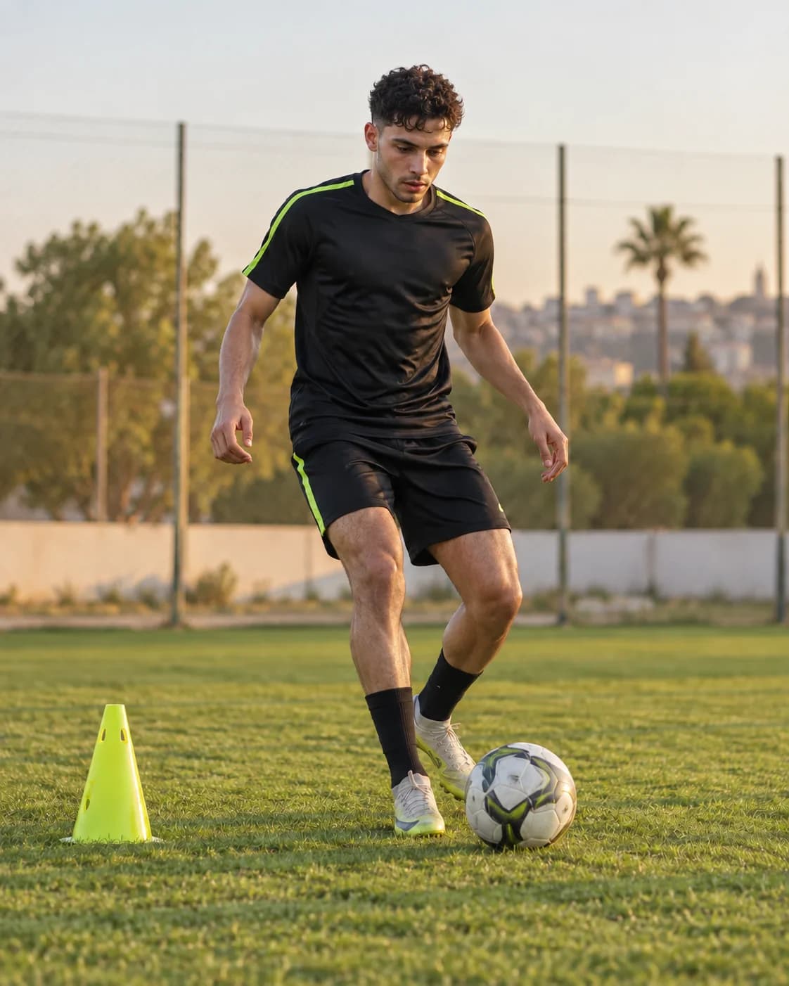 Un footballeur travaille sa conduite de balle sur un terrain d'entrainement